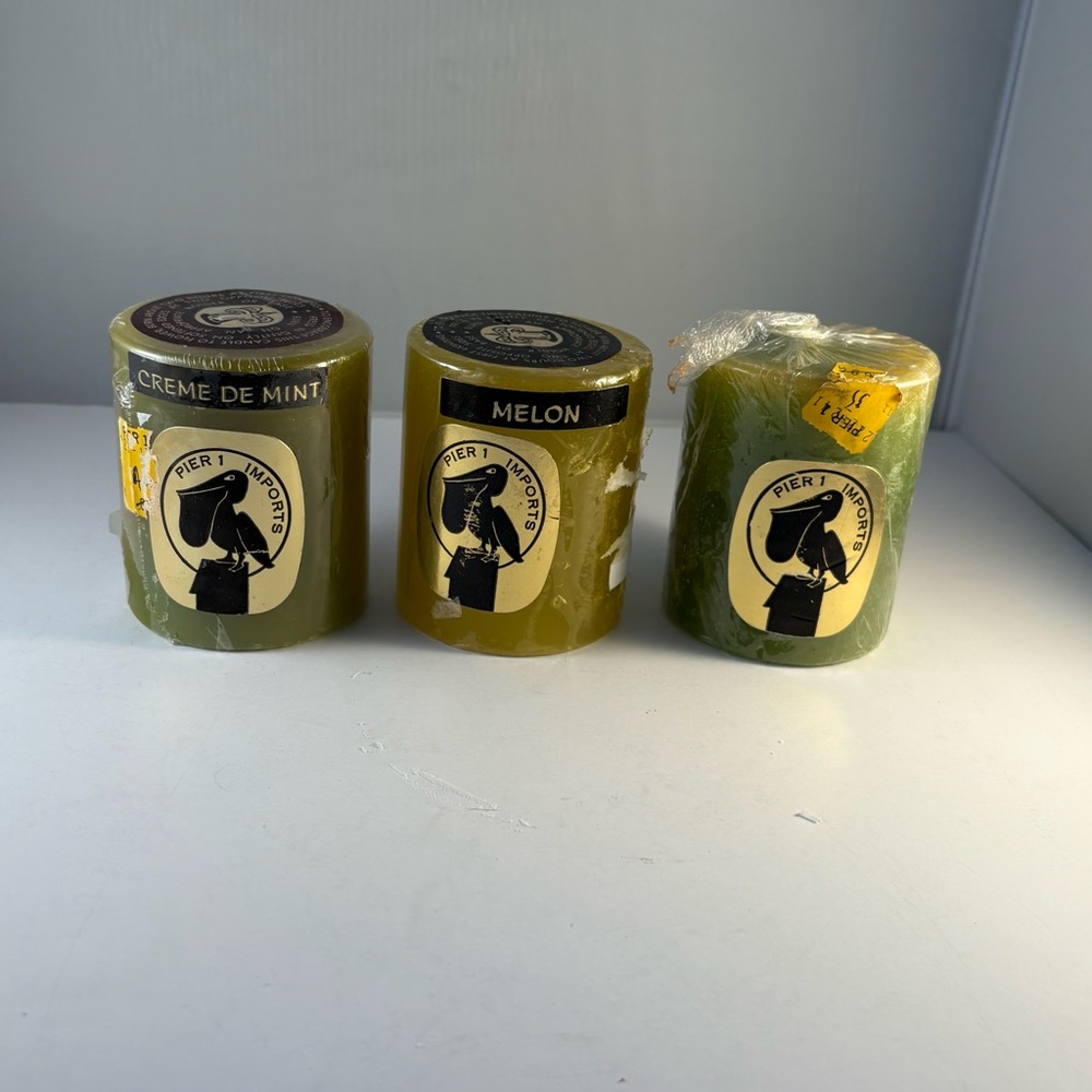Lot 3 Pier 1 One Pillar Candles Green Yell 3"H 2.5”W New Vtg Creme De Mint Melon